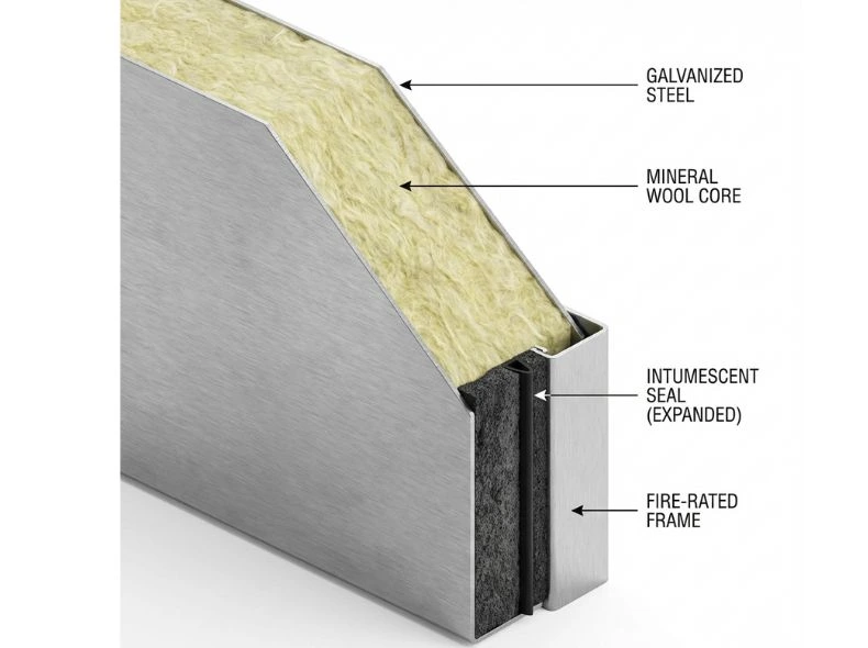 3D technical cutaway of an insulated fire door showing the mineral wool core sandwiched between galvanized steel sheets.