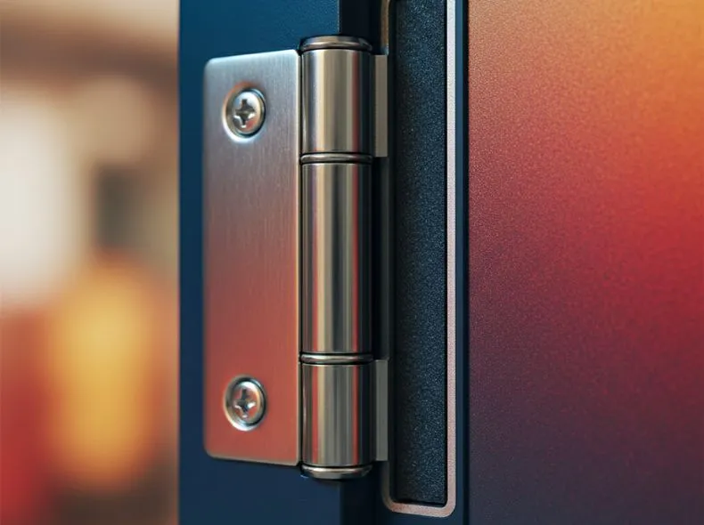 Close-up detail of intumescent smoke seal and heavy-duty SS 304 ball bearing hinges on a fire safety door.