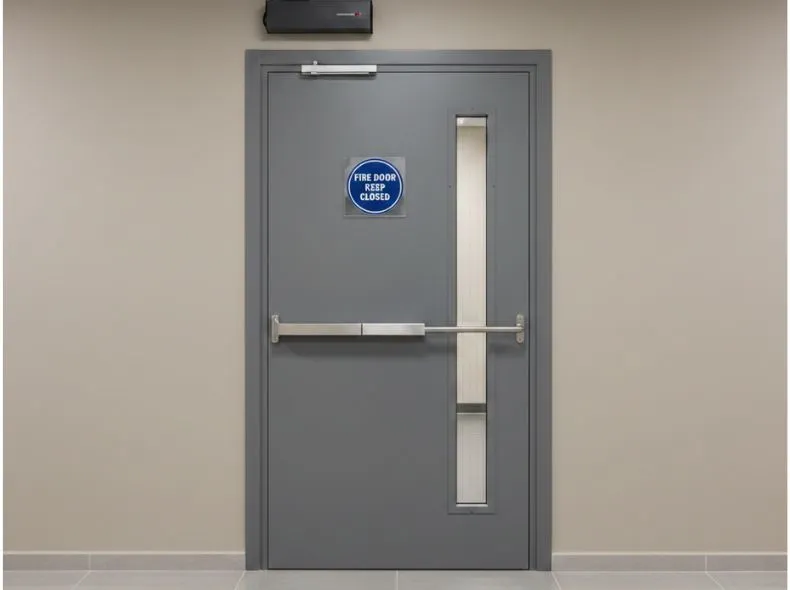 Modern grey steel fire rated door with panic bar and vision panel installed in a commercial corporate corridor in India.