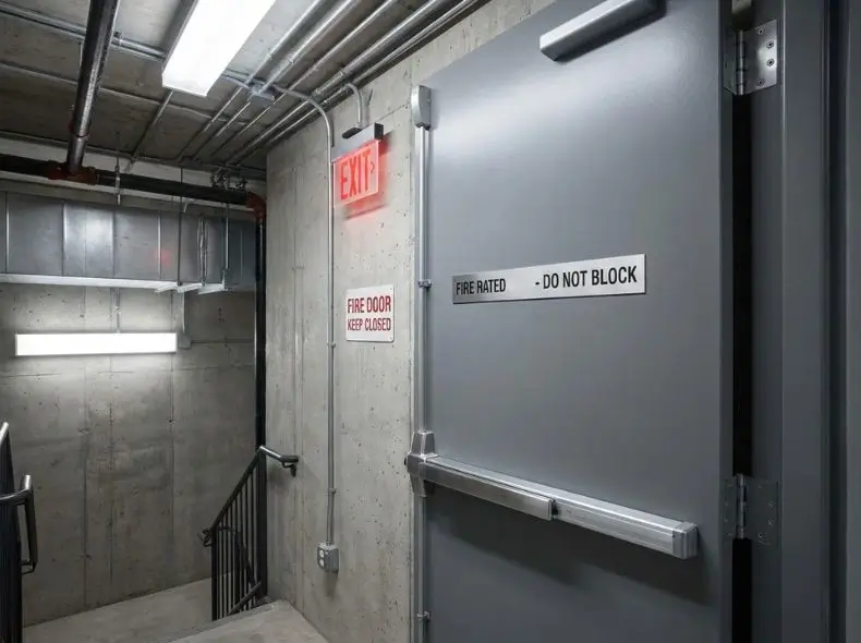 Heavy-duty steel fire-rated door installed in an industrial plant room with panic bar and fire safety signage.